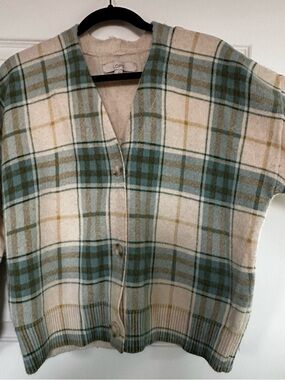 LOFT Cream, Green& Tan Plaid Button-Front Cardigan
